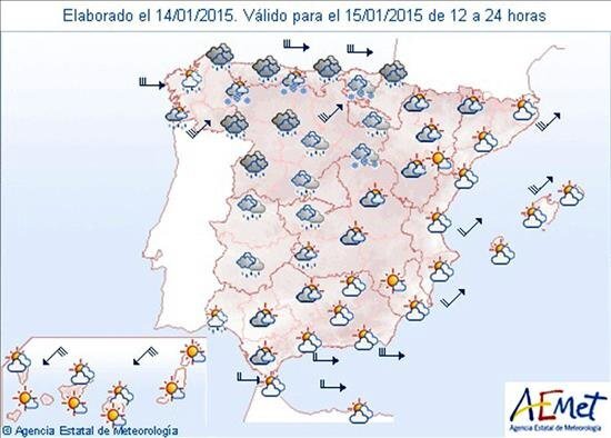 Mapa significativo elaborado por la Agencia Estatal de Meteorología (AEMET) el 14/01/2015 válido para el 15/01/2015 de 12 a 24 horas. EFE